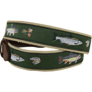 Belted Cow Freshwater Fish & Flies Leather Tab Belt