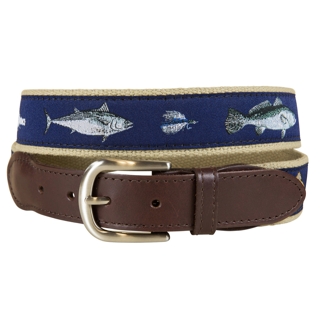 Belted Cow Saltwater Fish &amp; Flies Leather Tab Belt