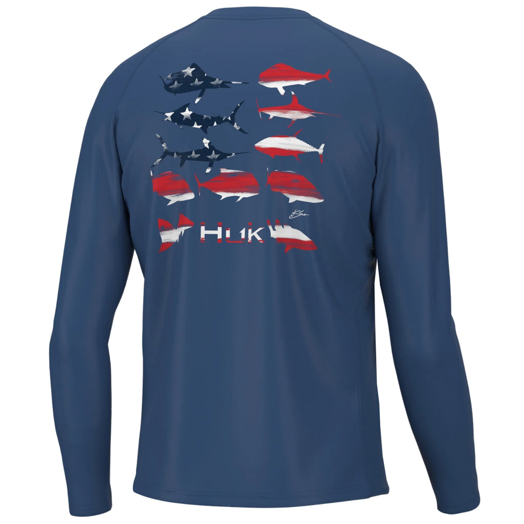 Huk Men's KC Flag Fish Pursuit Long Sleeve Shirt, Large, Set Sail