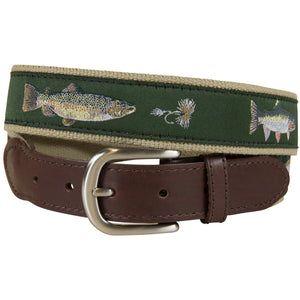 Belted Cow Freshwater Fish & Flies Leather Tab Belt