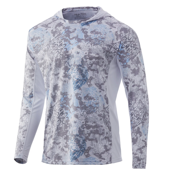 Chemise De Pêche Manches Longues HUK Icon X Tide Change, Homme, Taille MEDIUM, Gris/blanc
